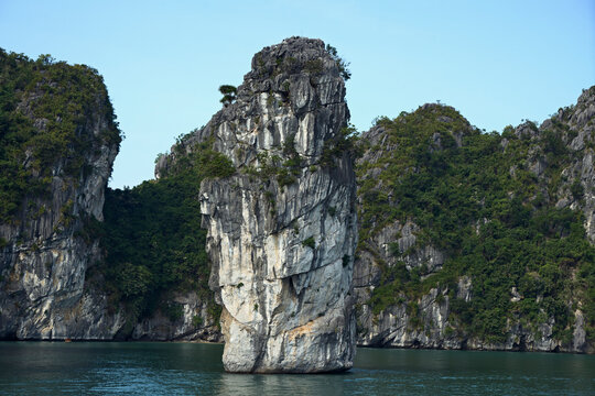Limestone rock face cliffs of Halong Bay.