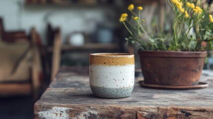 A speckled, three-toned ceramic mug sits on a rustic wooden table.