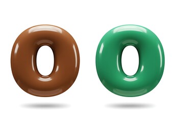 Two glossy letter o objects in brown and green colors with a white background and soft shadows
