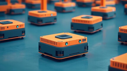 Fototapeta premium A factory warehouse floor with robotic vehicles, fused with an abstract AIdriven system overlay