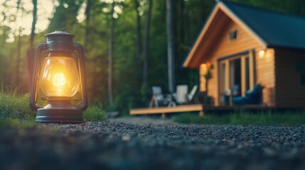 Warm Lantern Light at Cabin Entrance Surrounded by Lush Forest