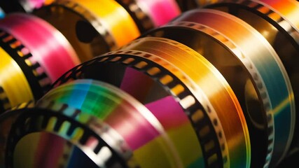 Close-up view of colorful film reels. Rows create vibrant, artistic imagery with a spectrum of colors across all