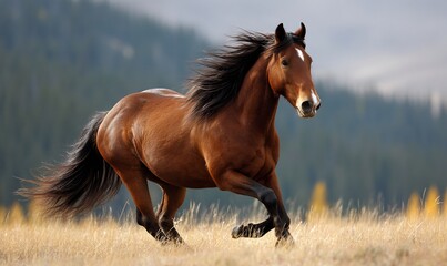 Obraz premium Running horse in a field, mountains in background, suitable for nature, wildlife, or sports photography