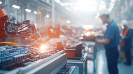 Obraz premium Advanced Industrial Automation with Robotic Arm and Workers in Factory