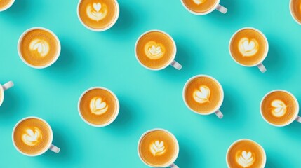 Geometric arrangement of coffee cups with latte art.