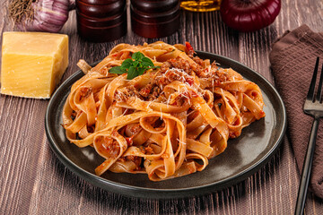 Italian pasta bolognese with beef minced meat