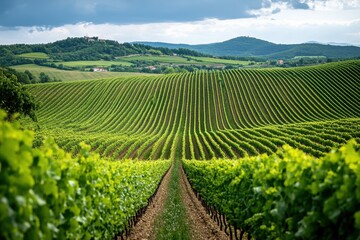 Fototapeta premium Lush vineyard rows stretch toward distant hills under cloudy sky. Ideal for travel blogs or to promote wine and agricultural tourism.