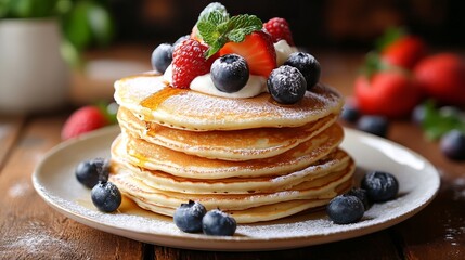 Delicious fluffy pancakes stack with fresh berries and syrup sweet tasty breakfast food image eat mint meal cream plate table sugar honey