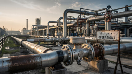 Industrial zone, Steel pipelines, valves and pumps
