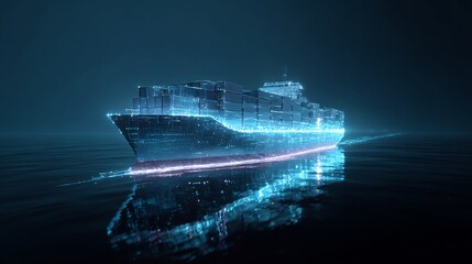 Futuristic digital cargo ship sailing through ocean concept visualization