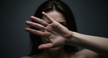 Person Covering Face with Hand Gesture Against Dark Background