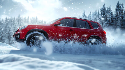 A red SUV navigates through snowy terrain, kicking up snow as it drives, showcasing its capability in winter conditions.