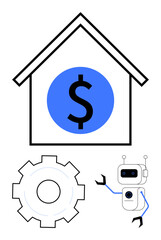 Obraz premium House with dollar sign, robotic AI assistant, and gear. Ideal for smart home, finance tech, automation, AI, innovation future living digital transformation. Perfect for simple landing page