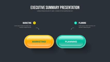 Professional Briefing Slide Layout Vector Illustration. Creative Solution 2 Step Diagram Slideshow Design. Market Analysis Two Element Infographic Frame Template.