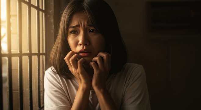 Scared Woman Looking Through Window with Bars in Fear