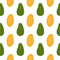 Seamless pattern with tropical fruits for packaging and wrapping paper. Yellow mango and green avocado on a white background. Vector illustration. Print for gift bag. Ornament.