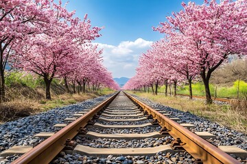 Traditional Train Rolling Through Cherry Blossoms