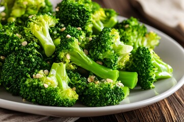 Fresh Green Broccoli Florets Topped with Sesame Seeds on a White Plate