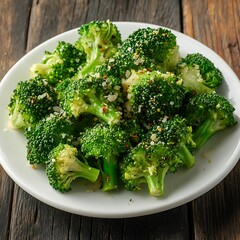 Fresh Green Broccoli Florets with Garnish on White Plate and Rustic Wood Table