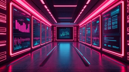 2025 goal setting, motivation and strategy concept. Futuristic corridor with glowing digital displays and data visuals.