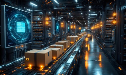 Smart warehouse management system using augmented reality technology to identify package picking and delivery . Future concept of supply chain and logistic business,

