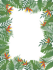 Frame of tropical leaves and bright flowers isolated on white background. Hand drawn vector illustration