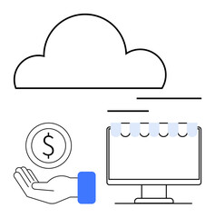 Cloud-shaped element, hand holding coin, computer with storefront awning. Ideal for e-commerce, online business, cloud computing, fintech, online payment processing, digital marketing simple landing