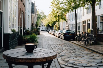 Obraz premium Coffee break on a charming European street with cobblestone and historic buildings in the background