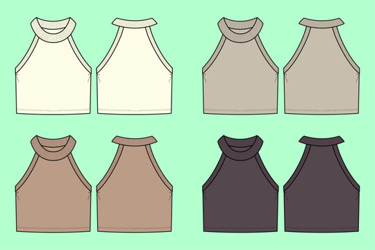 Women high neck sleeveless knitwear sweater crop tank top technical drawing fashion flat sketch vector illustration template front and back views outline CAD mockup