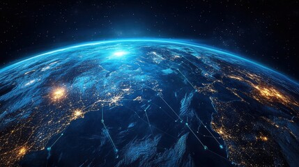 Earth from Space at Night with City Lights and Network Connections in Blue Tones