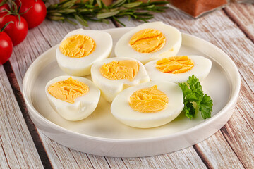 Boiled chicken eggs with bright yolk