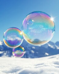 Colorful soap bubbles float over snowy mountains.