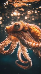 An Octopus Portrait in the Deep Ocean with Light Rays and Bubbles Creating a Dreamy Underwater Scene
