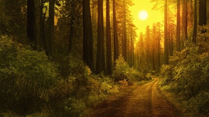 Fototapeta premium Golden Redwood Forest Path at Sunrise