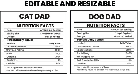 Cat Dad Nutrition, Dog Dad Nutrition Facts Label Vector