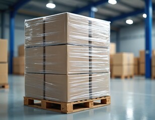 Pallet goods wrapped in clear plastic film for shipping. Cardboard boxes are secured, protected during transport and storage in warehouse. Packaging industrial, logistics, delivery concept.