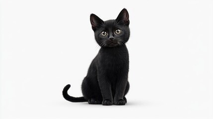 Fototapeta premium Black kitten sits attentively against white background