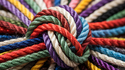 Colorful ropes intertwined a vibrant knot of unity and strength