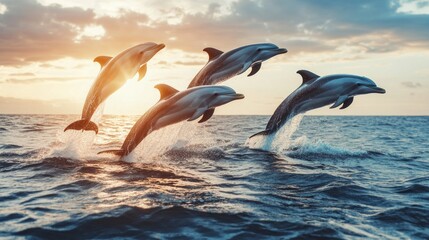 Four dolphins leaping in the ocean at sunset