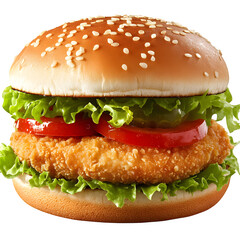 Delicious Crispy Chicken Burger with Sesame Bun Lettuce Tomato Pickles