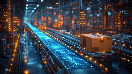 Fototapeta premium Smart warehouse management system using augmented reality technology to identify package picking and delivery . Future concept of supply chain and logistic business,