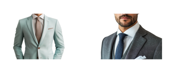 Suited man details on black backdrop, necktie, pocket square, beard cut out transparent