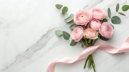 Delicate pink ranunculus bouquet with eucalyptus and silk ribbon on marble surface