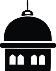 Vector illustration icons depict an old house, a restaurant with a menu, and a building with a dome, all isolated symbols of architecture, food service, and potentially religion