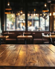 Rustic wooden table in a warm restaurant setting with soft lighting and blurred background