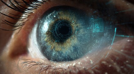 High Tech Biometric Eye Scan with Futuristic Interface and Data Visualization Elements for Security Applications
