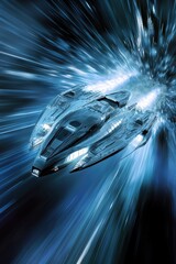 Spaceship hurtling through a blue wormhole at warp speed in futuristic science fiction scene