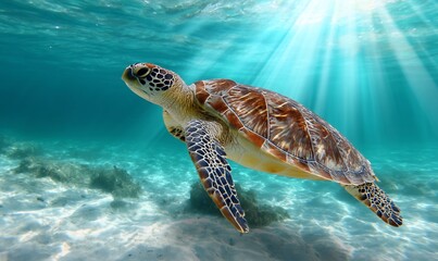 Obraz premium Sea turtle swimming underwater, sunbeams, coral reef background, nature photography