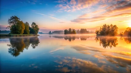 Fototapeta premium A serene lake at dawn with soft water ripples and a misty atmosphere