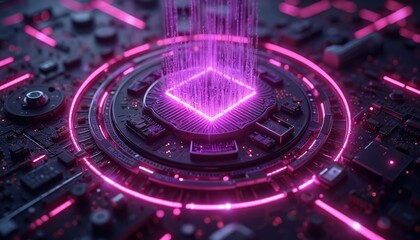 Futuristic quantum computer core with glowing purple neon lights circuitry. High-tech digital abstract concept. Represents innovation in processing power. Dark metallic metallic structure, complex